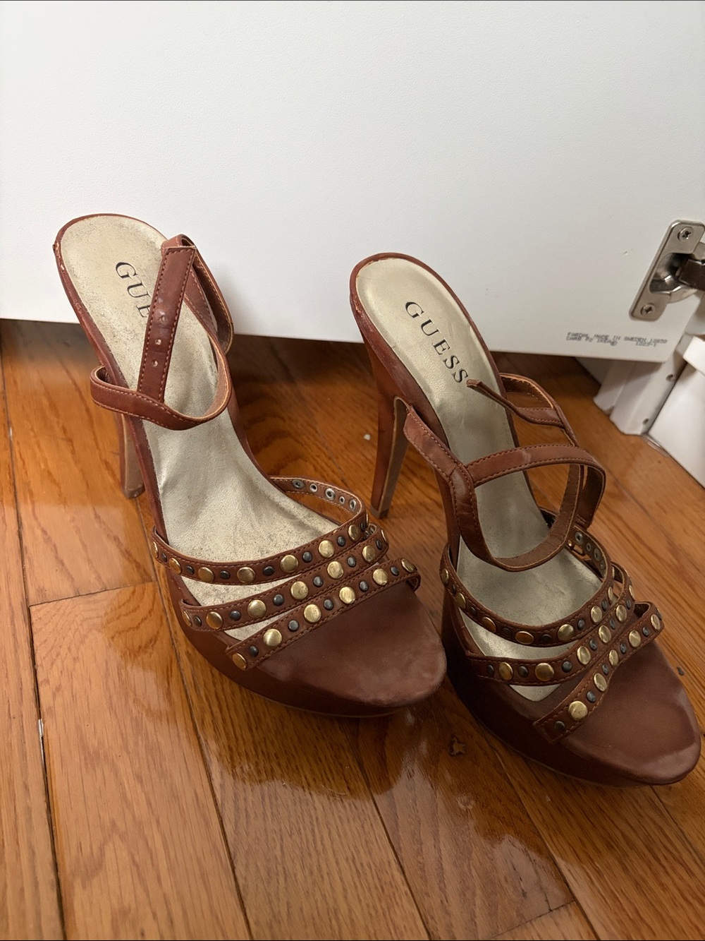 GUESS Brown Leather Studded Stiletto Sandals